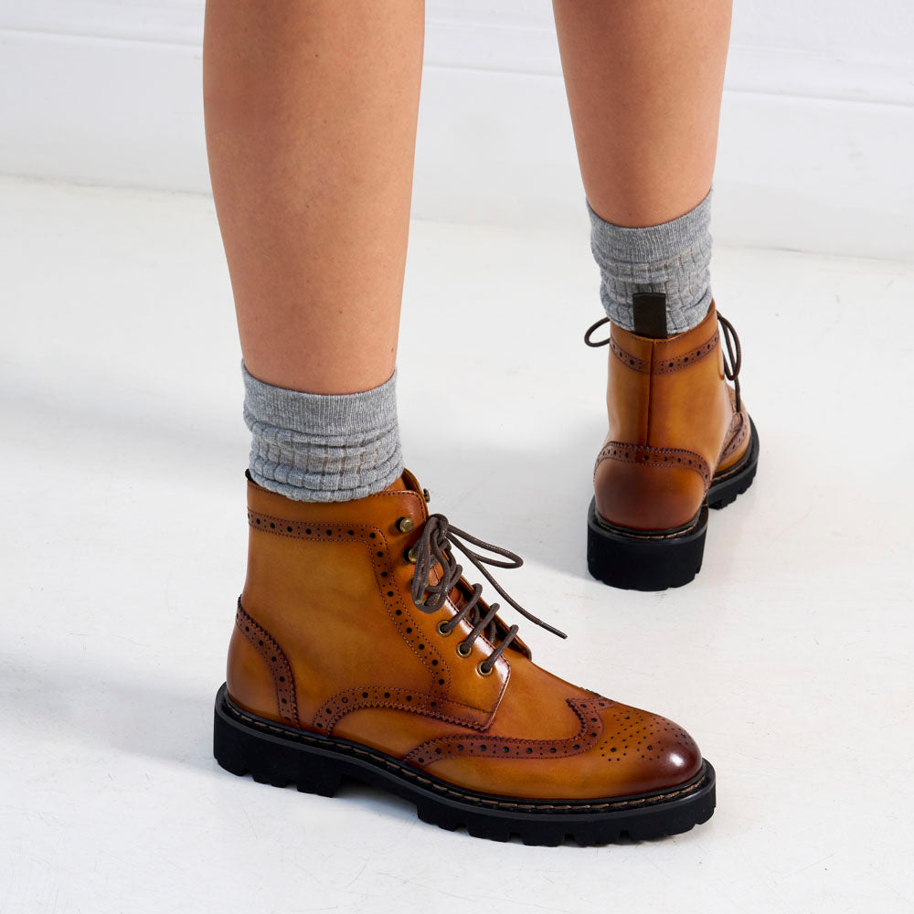 Wing tip derby boot tan brown